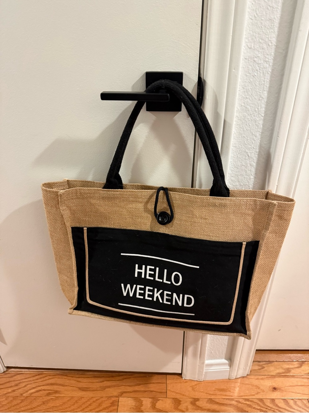 Hello Weekend Canvas Tote Bag in Natural and Black